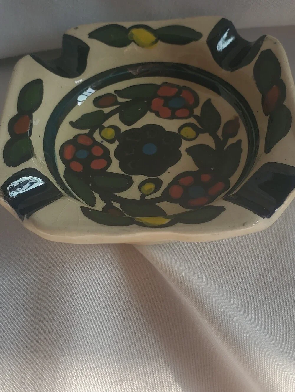 Talavera Style Vtg Hand-Painted Floral Ceramic Home Ashtray Trinket Dish Bowl